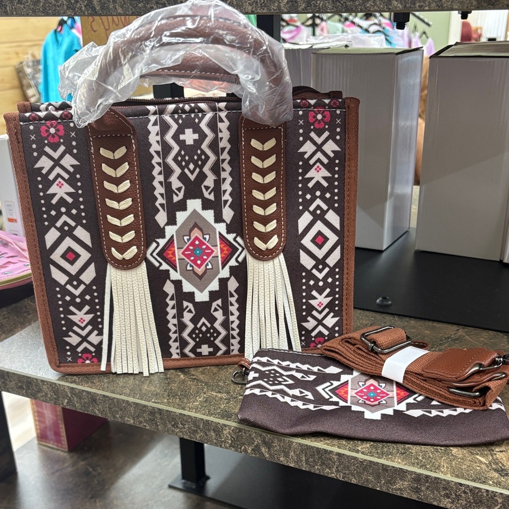 Brown and White Geometric Tote Bag with Matching Pouch